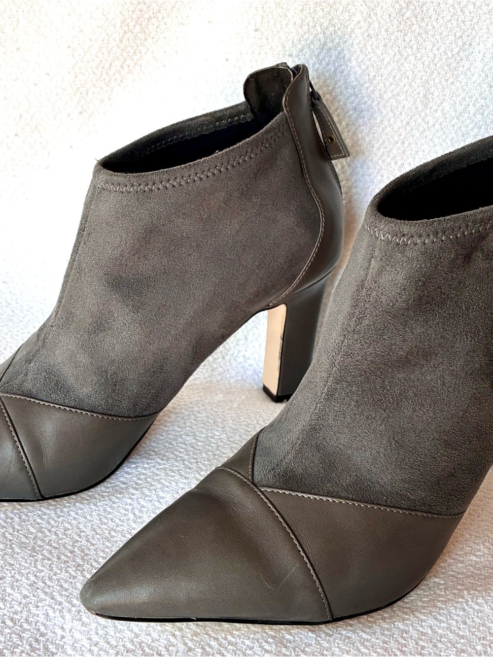 Cole Haan Gray Suede and Leather Pointed Toe Ankle Booties